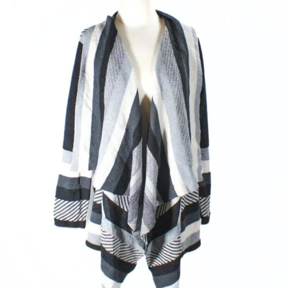 Collections Etc Color Block Open Cardigan Black Gray Off White Stripes Size XL